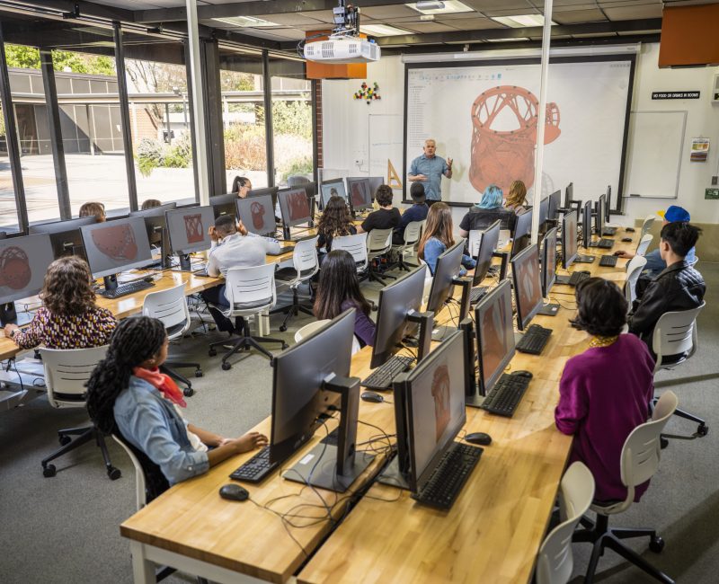 Classroom at Diablo Valley College in Pleasant Hill, California. Students and teachers are working with Fusion 360.